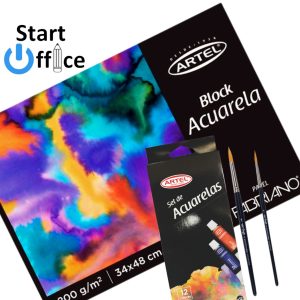 Set Acuarela Block Fabriano 24x34 200grs + Set Acuarelas 12un + 2 Pinceles ARTEL