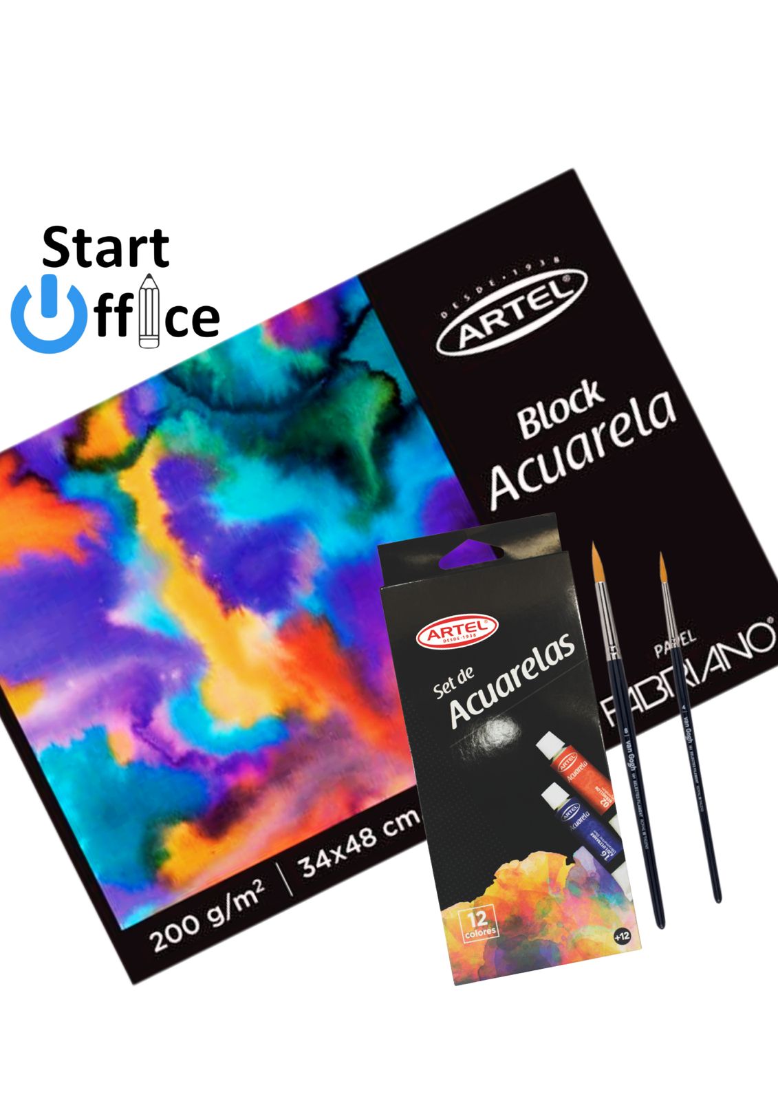 Set Acuarela Block Fabriano 24x34 200grs + Set Acuarelas 12un + 2 Pinceles ARTEL